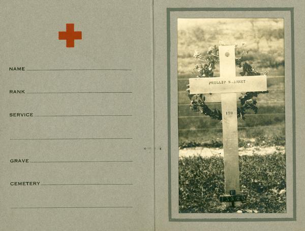 Image of Grave marker for Phillip S. Arnet in the American Oise-Aisne cemetery in Fere-en-Tardenois, France housed in a Red Cross presentation card.