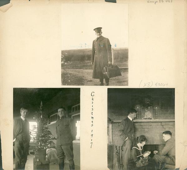 A scrapbook page containing three images depicting John A. Commons (presumably) in his World War I uniform, individually and with his parents.