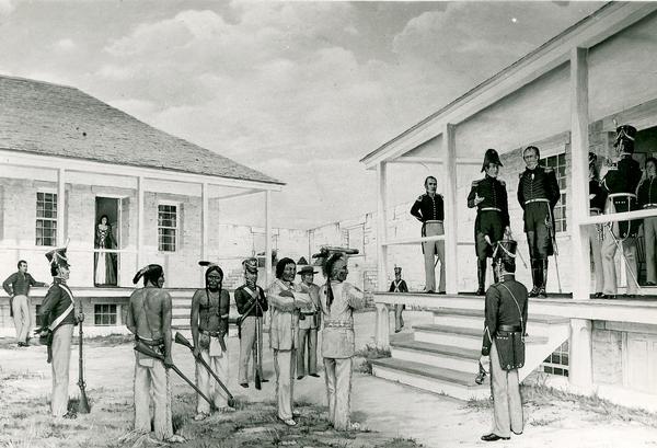 Photograph of a painting by Cal Peters depicting the surrender of Black Hawk at Fort Crawford in 1832.