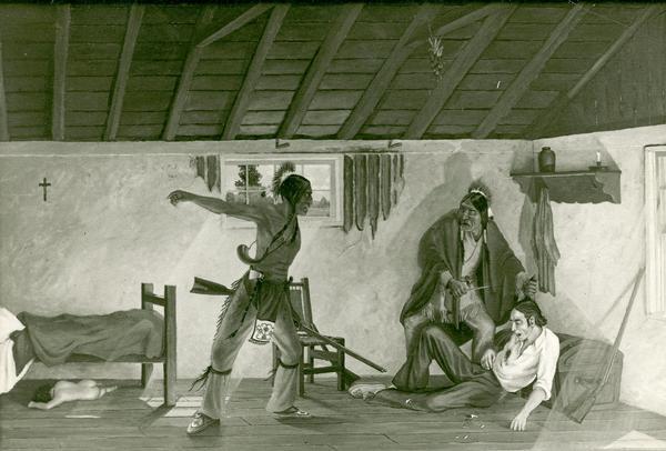 Photograph of a painting by Cal Peters depicting the Winnebago attack on the Gagnier homestead in 1827 and the killing of Registre Gagnier. The homestead was four miles south of Prairie du Chien. The photograph reflects a particularly dated perspective on the depiction of Native Americans.