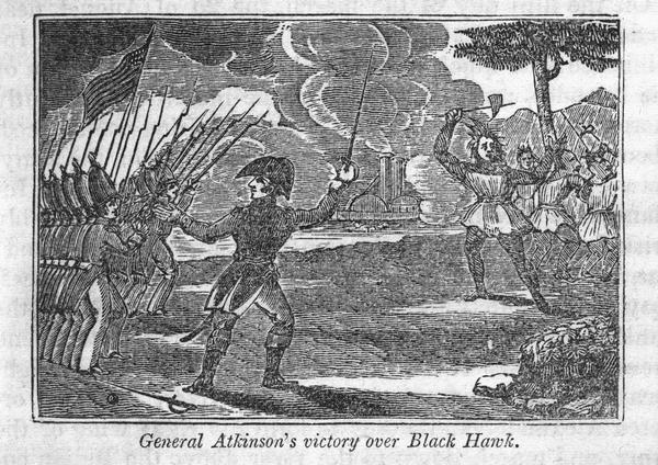 Engraving depicting the defeat of Black Hawk by General Henry Atkinson at the Battle of Bad Axe on August 2, 1832. The engraving depicts Federal Regulars and Illinois Militia advancing and the Sauk and Fox retreating, with the gunboat "Warrior" in the background on the Wisconsin River.