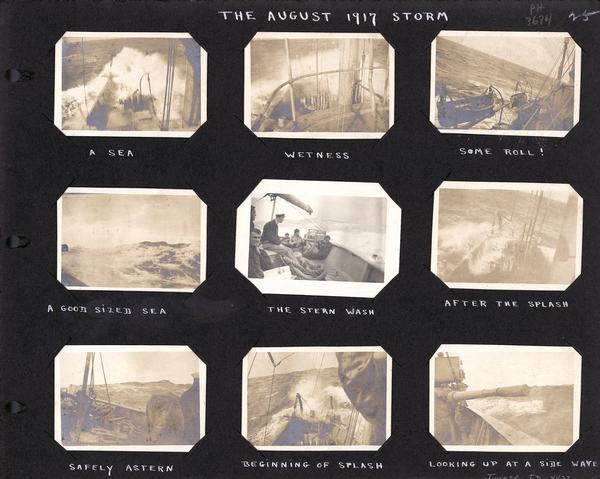 A page of snapshots with handwritten captions showing scenes at sea during a storm. Part of a scrapbook of photographs from Stevenson's service in World War I.