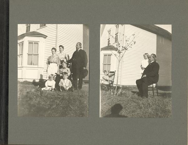 A scrapbook page containing two images; one of an elderly man (presumably grandfather), an elderly woman (presumably grandmother), two younger women, a young boy and a young girl; and one of the same children with the elderly man.