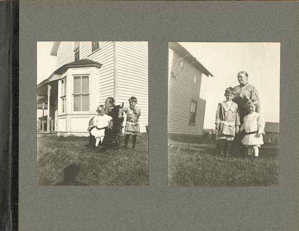 A scrapbook page containing an image of an elderly man (presumably grandfather), a young boy and a young girl, and an image of the same children with an elderly woman (presumably grandmother).