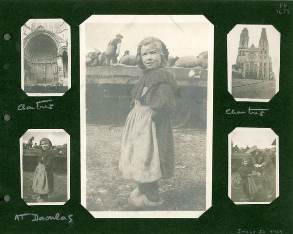 A page of snapshots depicting a peasant girl at Daoules, France and the cathedral at Chartres. Part of a scrapbook of photographs from Stevenson's sevice in World War I.