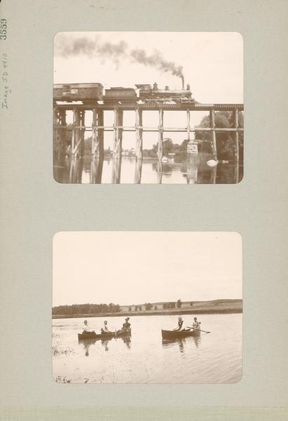 A scrapbook page containing two images; one of a train passing over a trestle bridge and the other of people in two canoes.