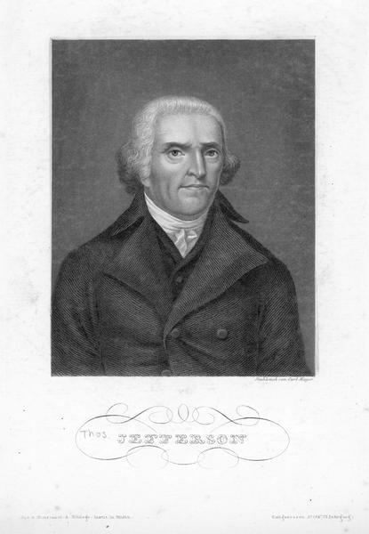 Quarter-length engraving of Thomas Jefferson.