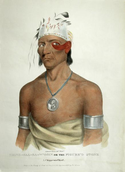 Shing-gaa-ba-w'osin or the Figure'd Stone, a Chippewa (Ojibwa) Chief. Hand-colored lithograph from the Aborifinal Portfolio, sketched at the treaty of Fond du Lac (1826).