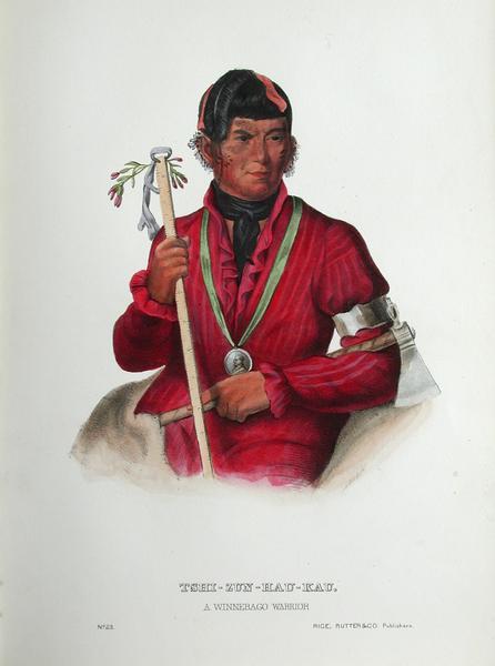 Portrait of Tshi-zun-hau-kau, a Winnebago/Ho-Chunk warrior, that appeared in Volume II of the History of Indian Tribes by Thomas McKenney and James Hall in 1836.