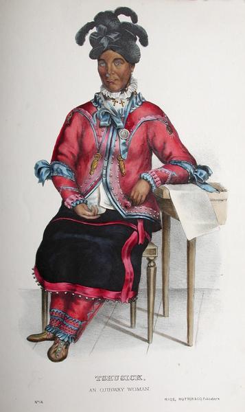 Portrait of Tshusick, an Chippewa (Ojibwa) woman, that appeared in Volume I of The History of Indian Tribes by Thomas McKenney and James Hall.