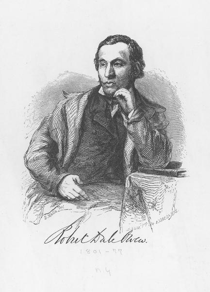 Illustration of Robert Dale Owen seated at a table.