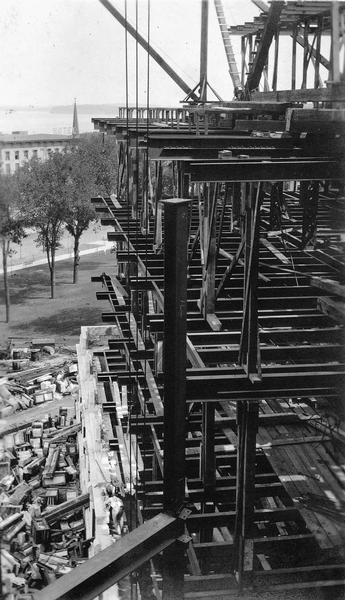 Construction of the north wing of the Wisconsin State Capitol.