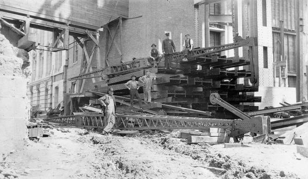 Structural steel beams being used in the construction of the Wisconsin State Capitol.