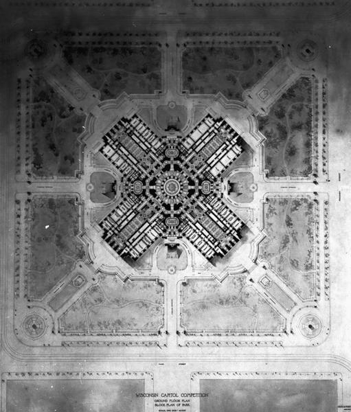 Architect's design for the Wisconsin Capitol Competition, ground floor plan and block plan of park, George B. Post & Sons.