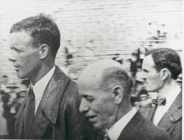 Charles Lindbergh, Mayor Albert G. Schmedeman, and Governor Fred R. Zimmerman, during the visit of Lindbergh to Camp Randall, on his tour after crossing the Atlantic.
