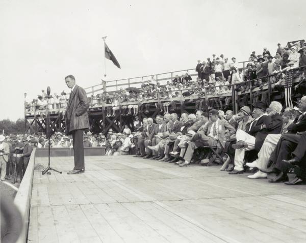 Charles Lindbergh, a former University of Wisconsin student, speaking to a large crowd at Camp Randall Stadium after his history-making trans-Atlantic flight.
