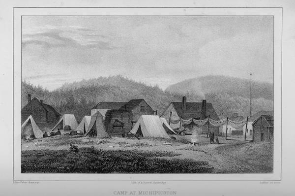 View of Michipicoton, Ontario on Lake Superior showing a village with log structures and tents. Fishing nets are drying on poles.