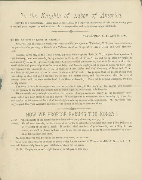 A proposal to the Knights of Labor of America regarding organizing a Linen Collar and Cuff Manufactory.