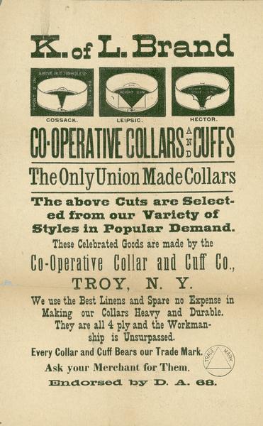 Advertisement for K. of L. Brand Co-operative Collars and Cuffs showing illustrations of collars. It includes the statement "The Only Union Made Collars".