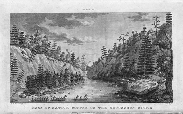 Engraving depicting the Schoolcraft expedition crossing the Ontonagon River to investigate a copper boulder.