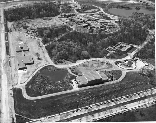 Aerial view of the Milwaukee County Zoo grounds nearing its completion.