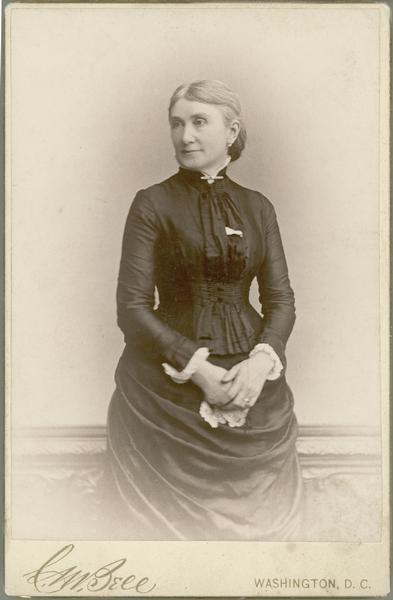 Three-quarter length portrait of Jerusha Sturgis standing, mother of Nina Dousman. Born December 1, 1827; died July 4, 1915.
