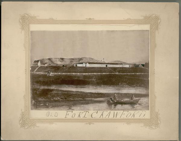 Photograph of a painting of the second Fort Crawford, built 1829-1835. Two men are in a boat in the water in the foreground. The first Fort Crawford at Prairie du Chien was built in 1816, abandoned in 1826, re-garrisoned in 1827, and finally abandoned in 1831 in favor of the newly built fort.