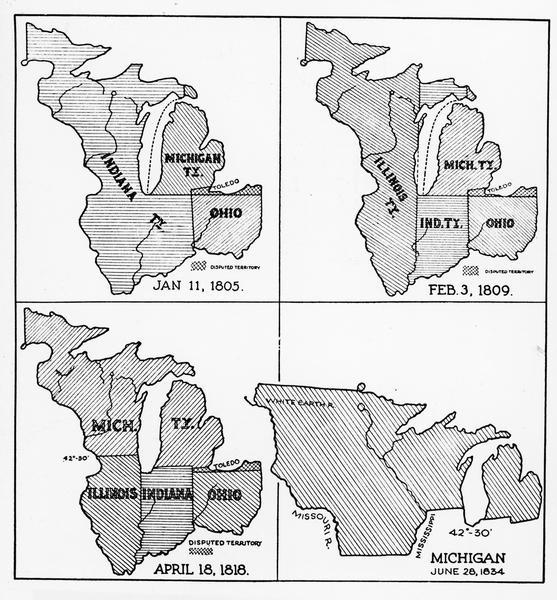 Four map illustrations showing the political subdivisions of the Northwest Territory from 1805 through 1834.