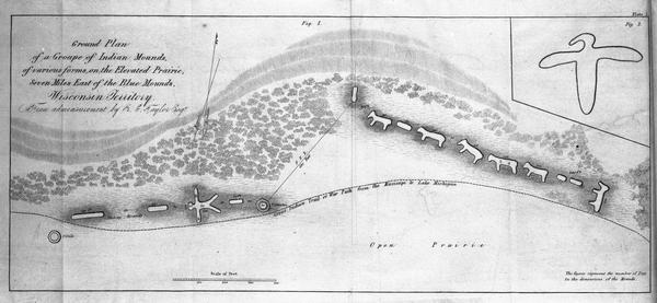 A map diagram of Indian effigy mounds seven miles east of Blue Mounds in the Wisconsin Territory.