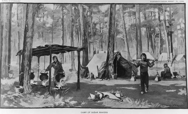 Illustration of an Indian (possibly Menominee) camp of sugar makers.