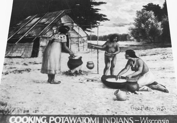Illustration of three Potawatomi Indians cooking.