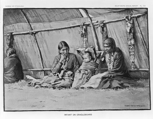 Illustration of an Indian baby on a cradleboard propped up between two Indian women.
