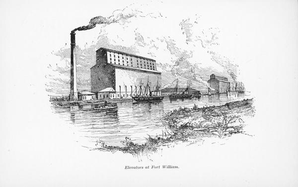 Illustration of exterior view of elevators at Fort William.