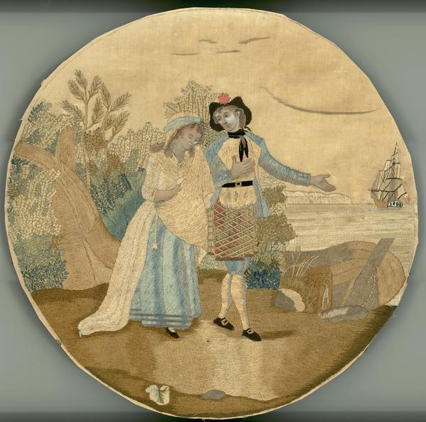 Needlework scene on silk worked in colored silk thread using running and crewel stitches. The hands and faces of the figures are watercolor on paper. Scene is of a man and woman walking along the seashore. In the background is water, a masted ship and cliffs. The man is wearing a kilt and jacket, the woman a long blue and white dress.