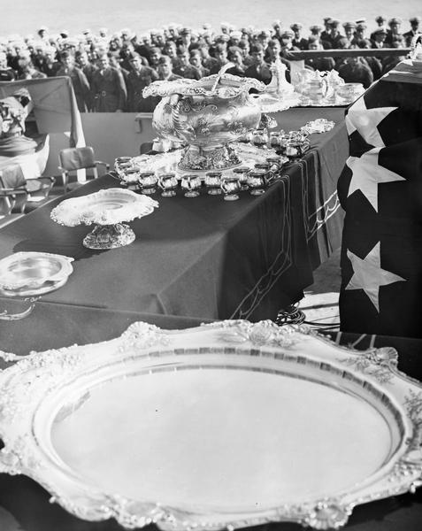 The silver service, which was a gift of the State to the USS "Wisconsin," on display during the presentation ceremony.