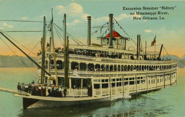 The sternwheel excursion, <i>Sidney</i>, on the Mississippi River at New Orleans. All three decks are full of passengers. Later named "Washington."