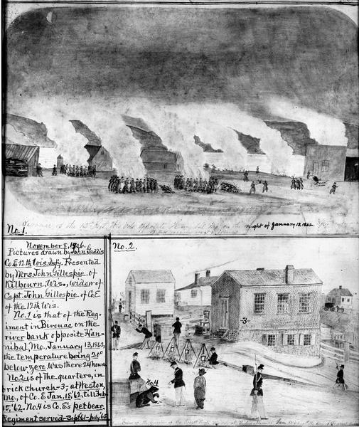 Two Civil War watercolor drawings by John Gaddis, Company E, 12th Wisconsin Volunteer Infantry, showing the regiment in bivouac, and later their headquarters in a brick church at Weston, Missouri.