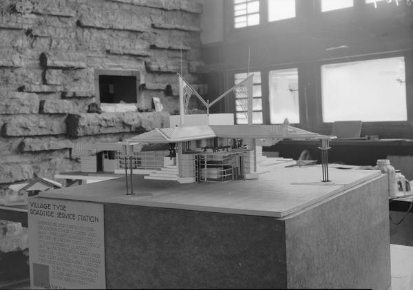 An architectural model of a village-type roadside service station designed by Frank Lloyd Wright.