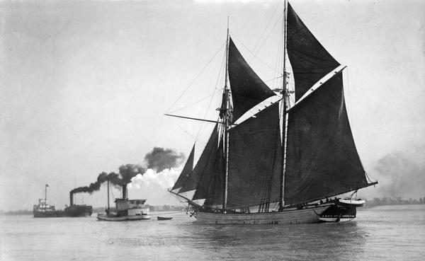 The schooner "Azov of Hamilton" on the River St. Clair. The "Azov of Hamilton" was a 108 foot, 195 ton Canadian schooner built in 1866.