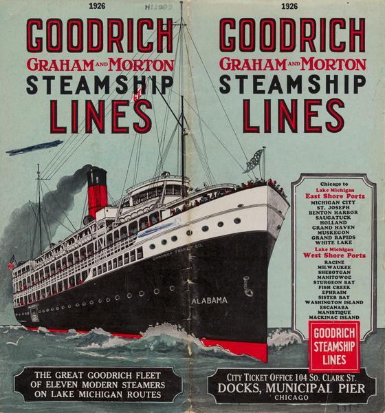The cover from the 1926 schedule lists the ports of call for the Goodrich fleet and features a drawing of the "Alabama".