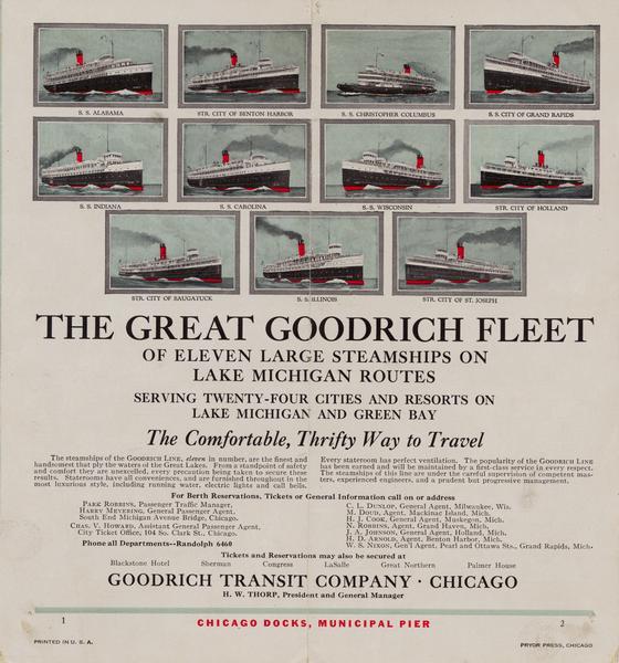 Pages 1and 2 of the 1926 schedule gives information on when to get tickets or information. Pictured are the steamline's fleet.  The Alabama, City of Benton Harbor, Christopher Columbus, City of Grand Rapids, Indiana, Carolina, Wisconsin, City of Holland, City of Saugatuck, Illinois and City of St. Joseph.