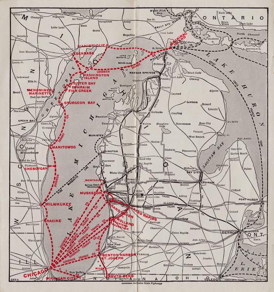 Pages 21 and 22 from the 1926 schedule are a map showing the routes of the Goodrich Transit Company, Great Lakes Transit Company, Detroit and Cleveland Line and the Pere Marquette Line and connecting highways.