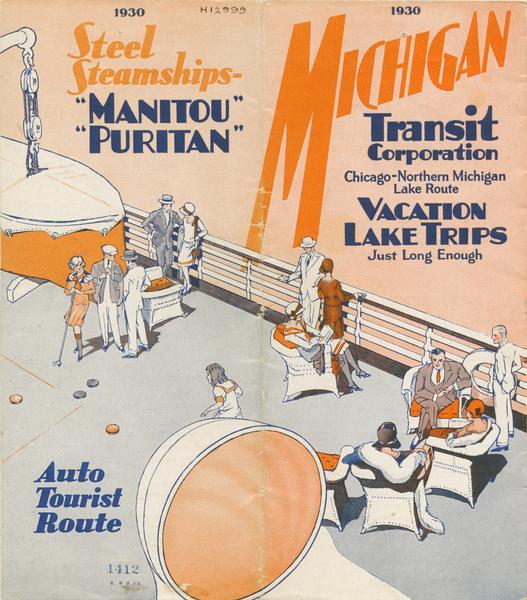Cover from schedule showing passengers relaxing on the deck of a screw-driven passenger/freight vessel.