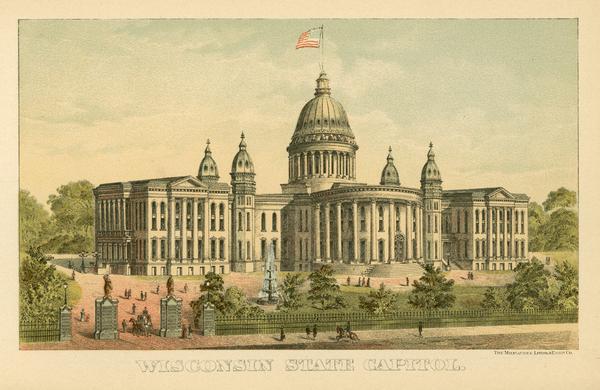 Chromolithograph of the third Wisconsin State Capitol with a U.S. flag atop the dome. The colored illustration was produced by the Milwaukee Lithography and Engraving Company and used as frontis material in the 1891 Blue Book of the State of Wisconsin. It illustrates the Capitol after the additions to the North and South wings were constructed in 1883.<p>The minarets above the four octagonal towers were eliminated from the design of Architect D.R. Jones.