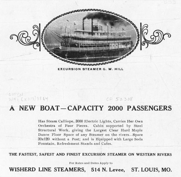 Advertisement for the sternwheel excursion, <i>G.W. Hill</i>, with an engraving of the sternwheel docked at the riverside, and a description of its features. Later named <i>Island Maid</i>.
