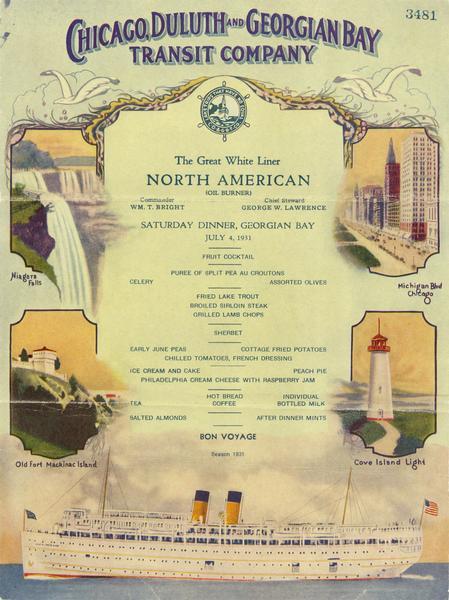 Inside of Saturday dinner menu for the "North American." Includes drawings of Niagara Falls, New York, Old Fort Mackinac Island, Michigan, Michigan Boulevard, Chicago, Illinois, and Cove Island Light, Ontario, as well as a drawing of the 'North American."