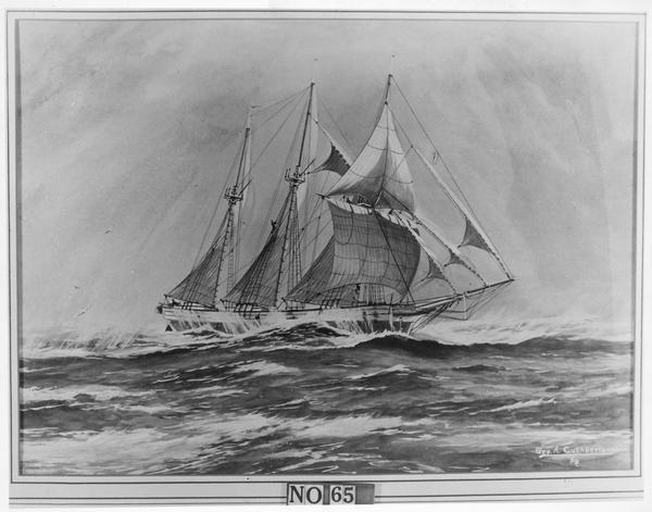 The three mast schooner "Moonlight" under sail. Painting numbered No. 65. The American schooner "Moonlight" was built in Milwaukee, 1874. At one time she was called the "Queen of the Great Lakes" because of her unusual sailing speed.