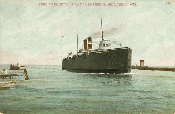 The screw rail ferry, <i>Pere Marquette 18</i>, entering the harbor. Caption reads: "Pere Marquette Steamer Entering, Milwaukee, Wis."