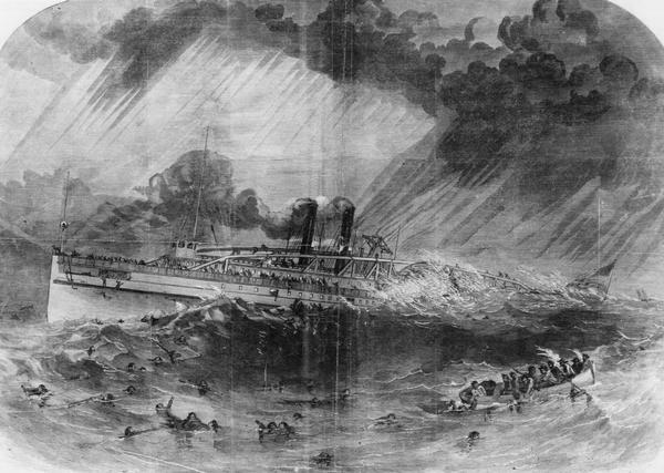 Sketch from the "New York Illustrated News" of the sinking of the sidewheel passenger, <i>Lady Elgin</i>. She was struck and sunk by the <i>Augusta</i> on Lake Michigan off Winnetka, Illinois on the morning of September 8, 1860.