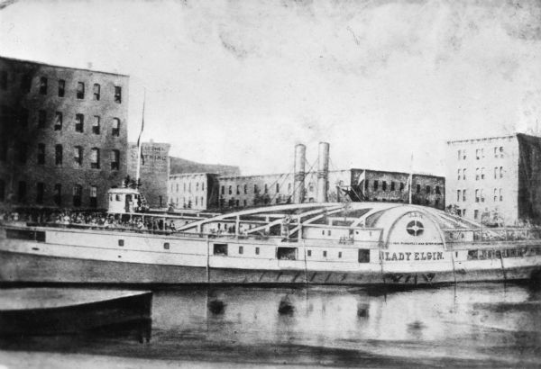 A sketch of the sidewheel passenger, Lady Elgin, at her wharf in Chicago, Illinois.